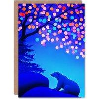 Wee Blue Coo Polar Bear Colourful Fairy Lights Tree at Night Xmas Christmas Card in Blue