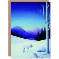 Wee Blue Coo White Reindeer in Snow Winter Mountain Landscape Xmas Christmas Card in Blue