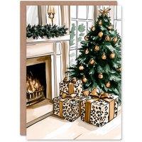 Wee Blue Coo Leopard Print Wrapped Presents Fireplace Tree Xmas Christmas Card in Green
