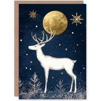 Wee Blue Coo Reindeer Winter Forest Full Moon Gold Elegant Xmas Christmas Card in Dark Navy