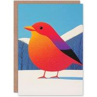 Wee Blue Coo Funky Robin Bird In Snow Winter Landscape Modern Xmas Christmas Card in Orange