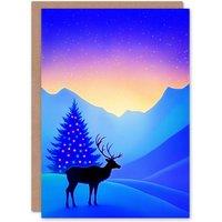 Wee Blue Coo Winter Wonderland Sunrise Reindeer Decorated Tree Xmas Christmas Card in Blue