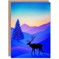 Wee Blue Coo Reindeer Decorated Tree Winter Wonderland Sunrise Xmas Christmas Card in Blue