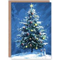 Wee Blue Coo Children Under Large Snow Laden Decorated Tree Xmas Christmas Card in Blue