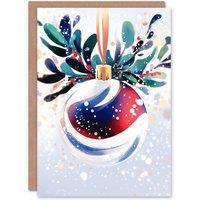 Wee Blue Coo Shiny Bauble Ornament Red Mistletoe Modern Festive Xmas Christmas Card in Light Grey