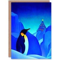 Wee Blue Coo Antarctica Winter Decorated Tree Emperor Penguin Xmas Christmas Card in Blue