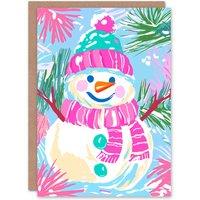 Wee Blue Coo Happy Snowman Bright Pink Green Blue Modern Xmas Christmas Card