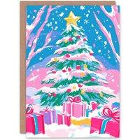 Wee Blue Coo Decorated Tree Presents Pastel Pink Winter Forest Xmas Christmas Card