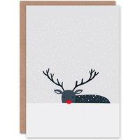 Wee Blue Coo Rudolph Red Nose Reindeer Hiding In Snow Modern Xmas Christmas Card in Grey