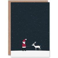Wee Blue Coo Santa Claus With White Reindeer in Snow Modern Xmas Christmas Card in Dark Navy