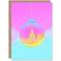 Wee Blue Coo Single Bauble Vibrant Pink Yellow Forest Trees Xmas Christmas Card