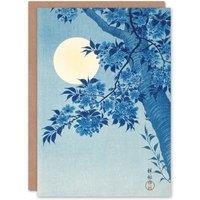 Artery8 Ohara Koson Art Card Blossoming Cherry on Moonlit Night in Blue
