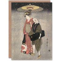 Artery8 Kitagawa Japanese Art Card Geisha Walking Through Snow At Night in Grey