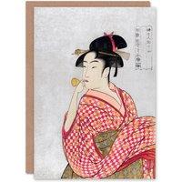 Artery8 Utamaro Kitagawa Japanese Art Card Woman With Glass Pipe Portrait in Pink