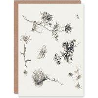 Artery8 Theo van Hoytema Art Card Flowers Leaves & Butterfly Drawing in White