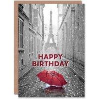 Artery8 Happy Birthday Paris Eiffel Tower & Red Umbrella Birthday Card in Grey