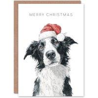 Artery8 Christmas Card Cute Collie Dog Wearing Santa Hat Watercolour in White