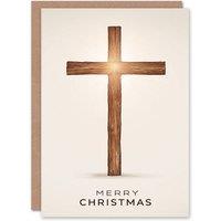 Artery8 Christmas Card Wooden Cross Crucifix With Sun Light Shining in Brown