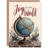 Artery8 Christmas Card Joy To The World Globe Holly Watercolour