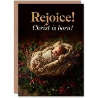 Artery8 Christmas Card Rejoice Christ is Born Baby Jesus Holly & Pine