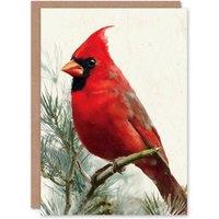 Artery8 Christmas Card Red Cardinal Bird Perched on Pine Tree Branch