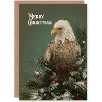 Artery8 Christmas Card Bald Eagle on Top of Snow Capped Tree in Green