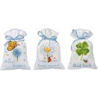 Vervaco Counted Cross Stitch Kit: Draw String Gift Bags: Wishes: Set of 3 in White