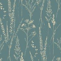 Grandeco Halm Grass & Flower Sprigs Blown Vinyl Wallpaper in Green
