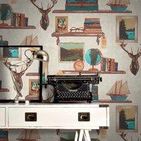 Rasch Study Book Shelf Gold Picture Frame Damask Pattern Wallpaper