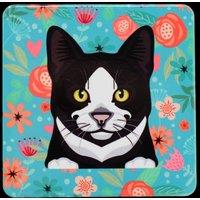 Mulberry Studios Pet Coaster - Black & White Cat Flowers in Blue