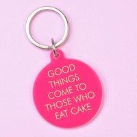 Flamingo Candles Good Things Come to Those Who Eat Cake Keyring in Bright Pink