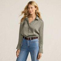Lands' End Women's Petite Long Sleeve Satin Shirt in Olive | Size: 8
