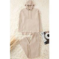WOVCOR Women's 2 Piece Ribbed Knit Pajama Set with Hood in Beige | Size: Large