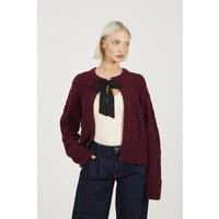 Brave Soul Women's Crew Neck Cable Knit Cardigan With Bow in Wine | Size: XL