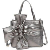 Fontanella Fashion Women's Ila Big Bow Ribbon PU Leather Top Handle Crossbody Tote Bag in Metallic Silver