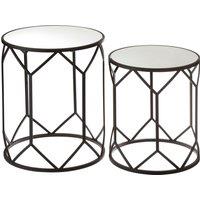 Orsina Set of 2 Black Polygonal Side Tables, Geometric Small Tables With Mirrored Glass Tops, Luxe Black Round Table