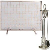 Dibor Contemporary Nickel 4pc Freestanding Fireside Companion Set with Fire Screen Guard in Silver