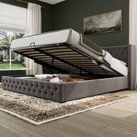 BTM Gray Velvet 150x200cm Upholstered Bed with Hydraulic Storage in Grey | Size: 150x200 cm