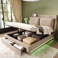 BTM Beige Velvet 4ft6 Double Hydraulic Bed with LED & Storage