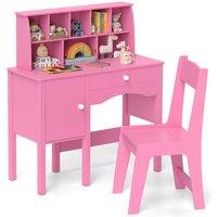 Gymax Study Desk & Chair Set Wooden Craft Table & Chair With Shelves in Pink