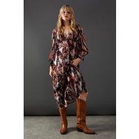 Warehouse Women's Metallic Jacquard Plunge Neck Button Through Midi Dress in Animal | Size: 10