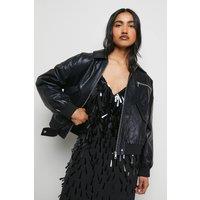 Warehouse Women's Faux Leather Distressed Bomber Jacket in Black | Size: Small