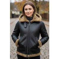 Infinity Leather Women's Hooded Sheepskin Flying Bomber Leather Jacket - Sovereign in Light Brown | Size: 10