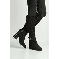 Miss Diva Women's Leilani Gold Buckle Detail Knee High Block Heel Boots in Black | Size: 6