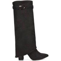 XY London Women's 'Aaliyah' Fold Over Boots Block Heel Buckle Point Toe in Jet Black | Size: 3