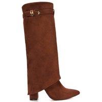 XY London Women's 'Aaliyah' Fold Over Boots Block Heel Buckle Point Toe in Brown | Size: 3