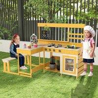Costway Mud Kitchen Fir Wood Play Kitchen with Kids Picnic Table in Natural