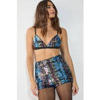 NastyGal Women's Check Sequin Booty Shorts Co-ord in Blue | Size: 6