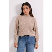 Dorothy Perkins Women's Petite Beige Twisted Cable Funnel Longline Jumper | Size: XL