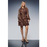 Dorothy Perkins Women's DP Luxe Jacquard Blouson Sleeve Tiered Skirt Mini Dress in Chocolate | Size: 14